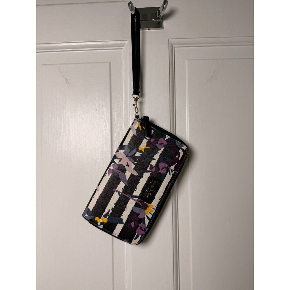 Nicole Miller Wristlet Black & White Striped with Purple Pink Floral Design